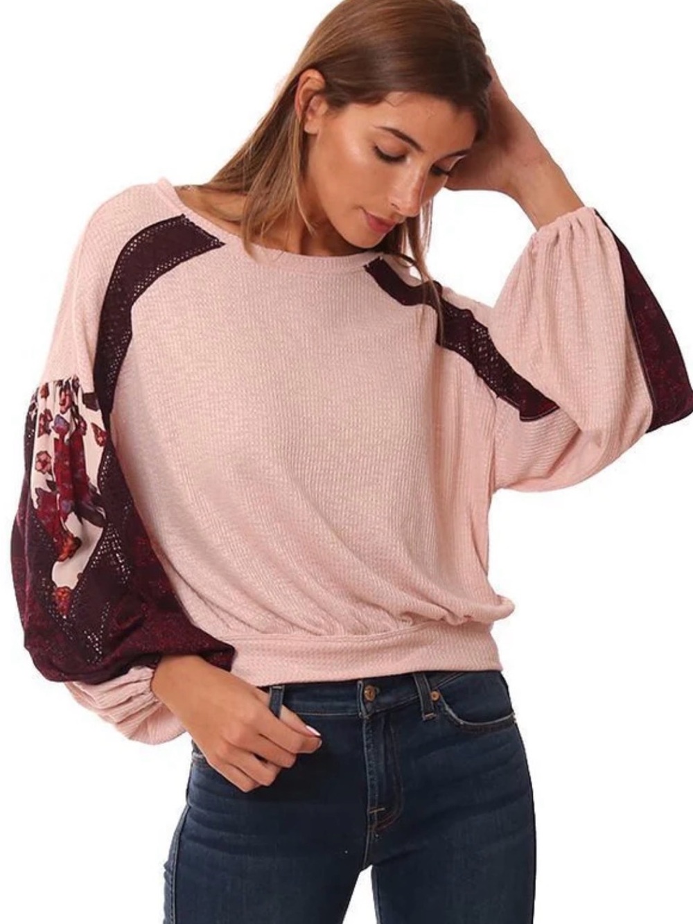 FREE PEOPLE Casual Clash Thermal Top Balloon Patchwork Sleeve Rose/Multi Size S